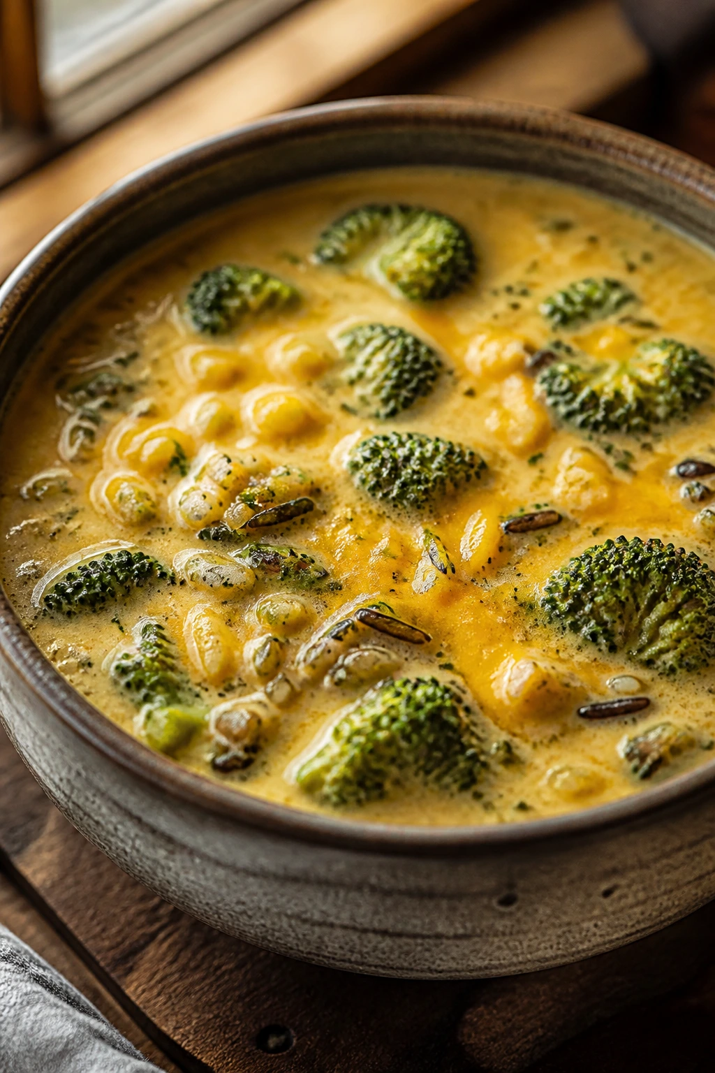 Creamy broccoli cheddar wild rice soup with broccoli florets.