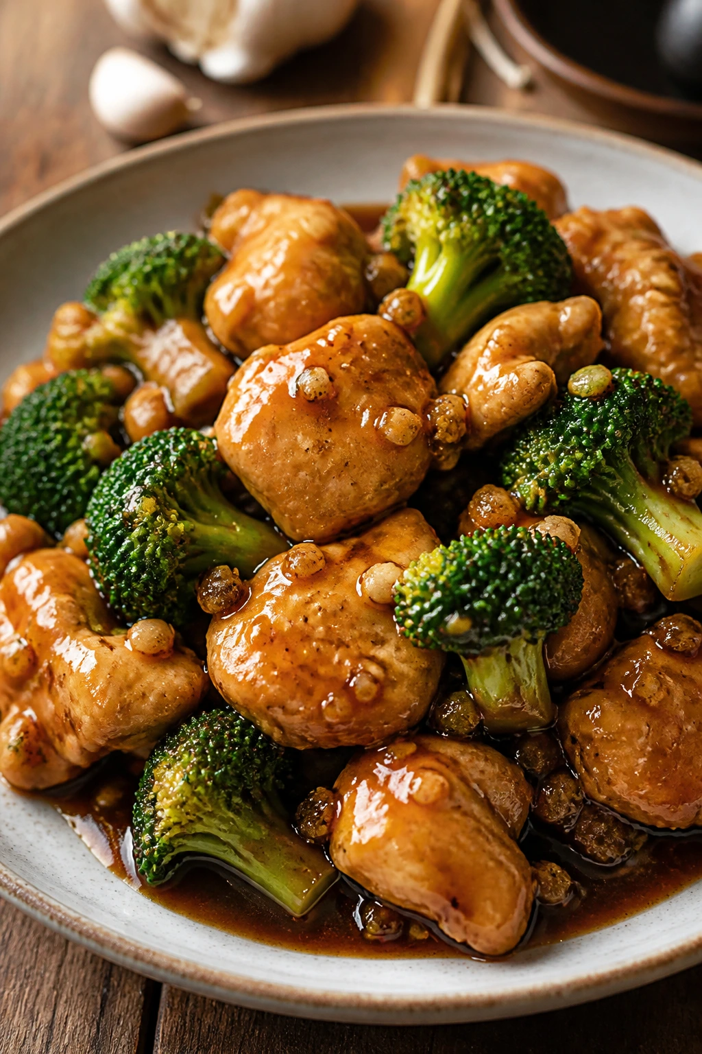 Close-up of Broccoli Chicken in Savory Garlic Sauce with broccoli florets