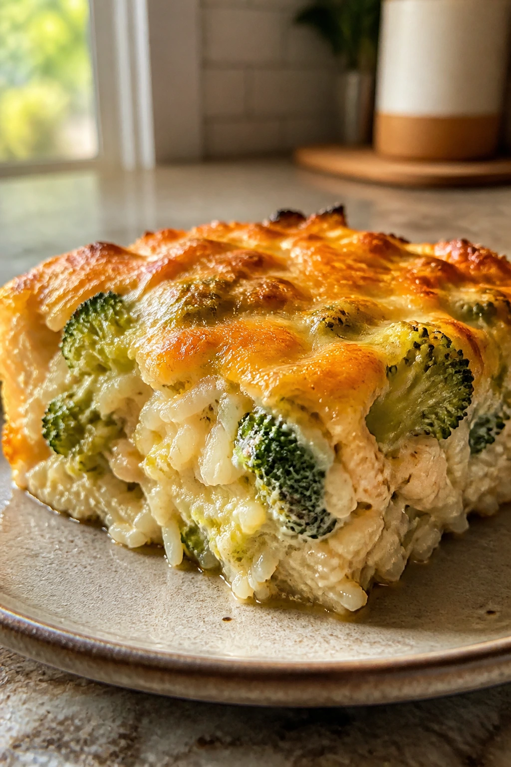 Close-up of broccoli chicken rice bake slice with cheddar crust.