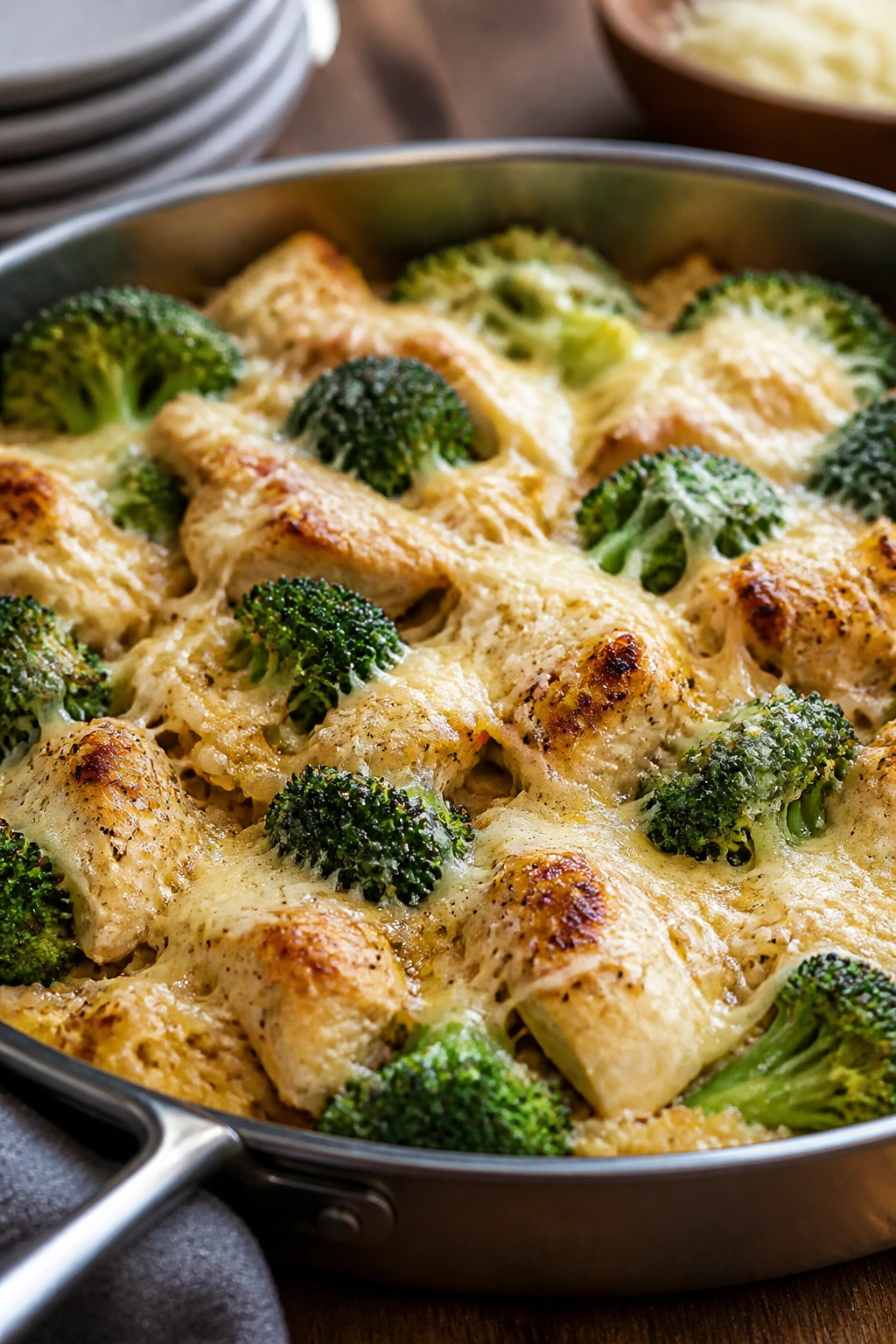 Rice and chicken with broccoli and parmesan, in a pan