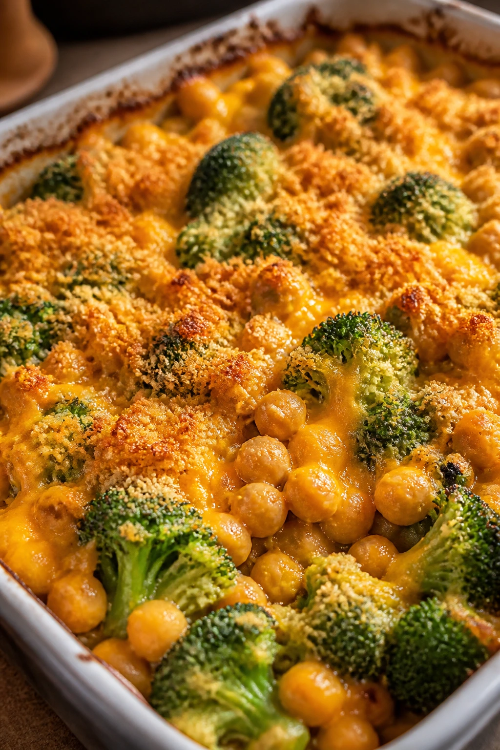 Broccoli cheddar chickpea bake in a baking dish with a crisp top