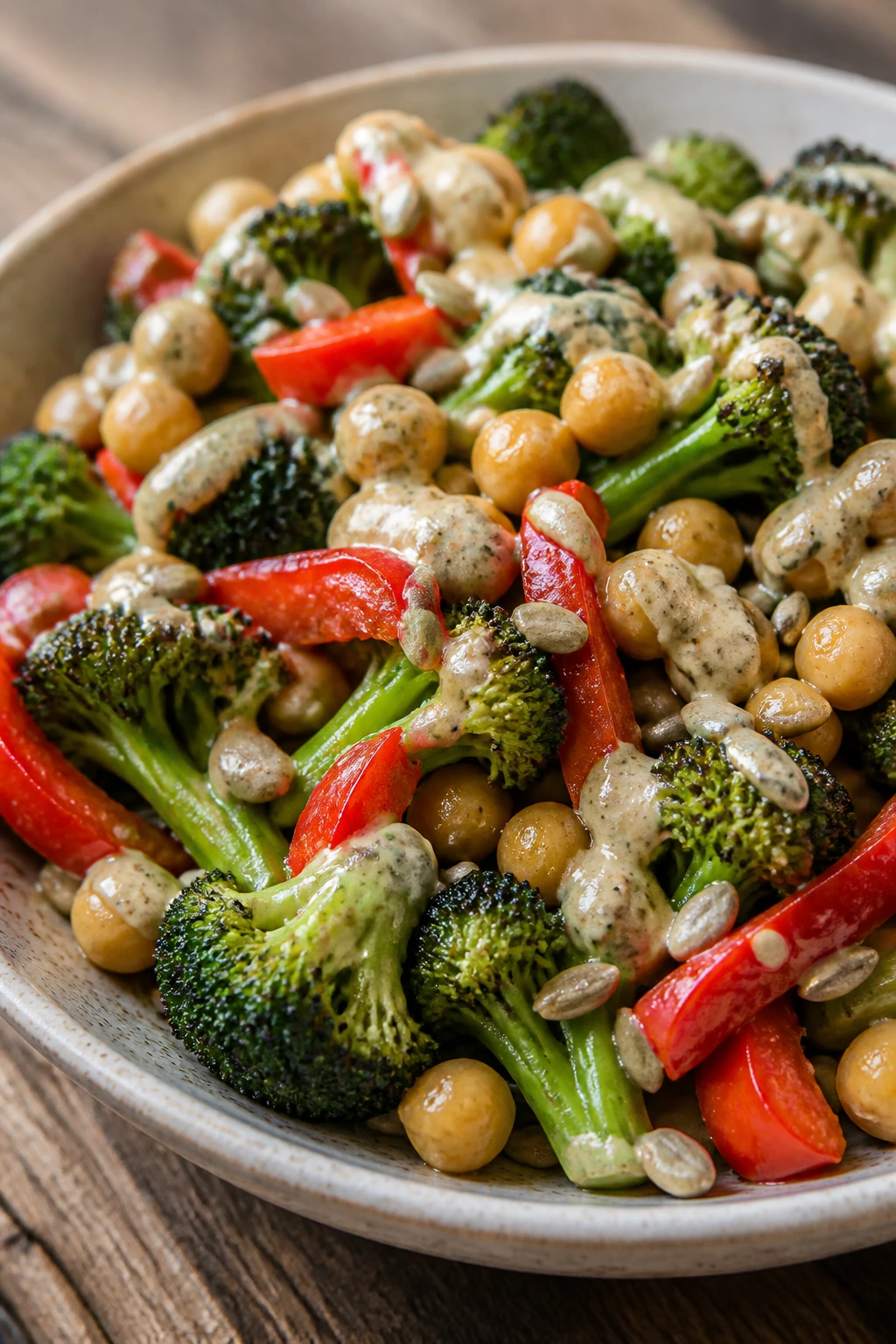 Close-up of broccoli, chickpea, and red pepper salad with sunflower seed dressing