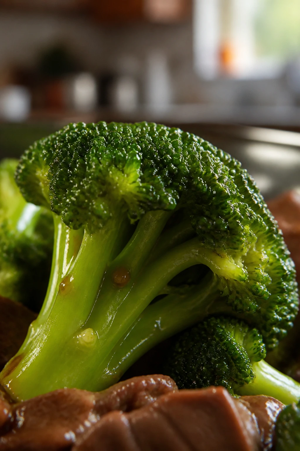 Macro shot of a broccoli floret with glaze