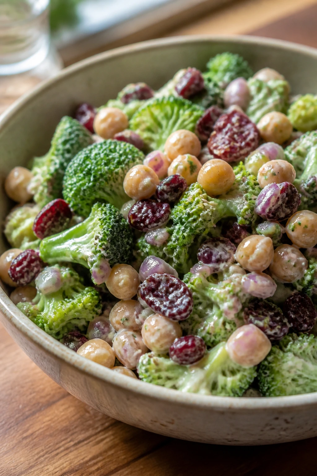 Close-up of Broccoli Cranberry Chickpea Salad with broccoli, cranberries, and chickpeas