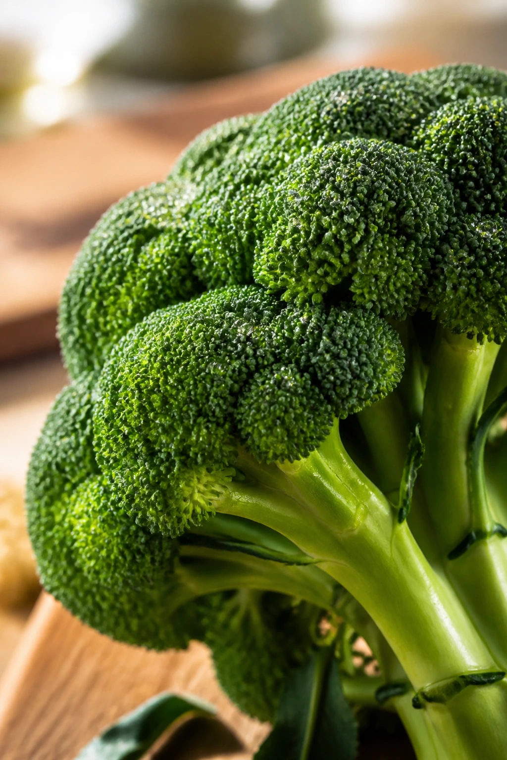 Close-up of bright green broccoli florets with crisp edges in a warm kitchen