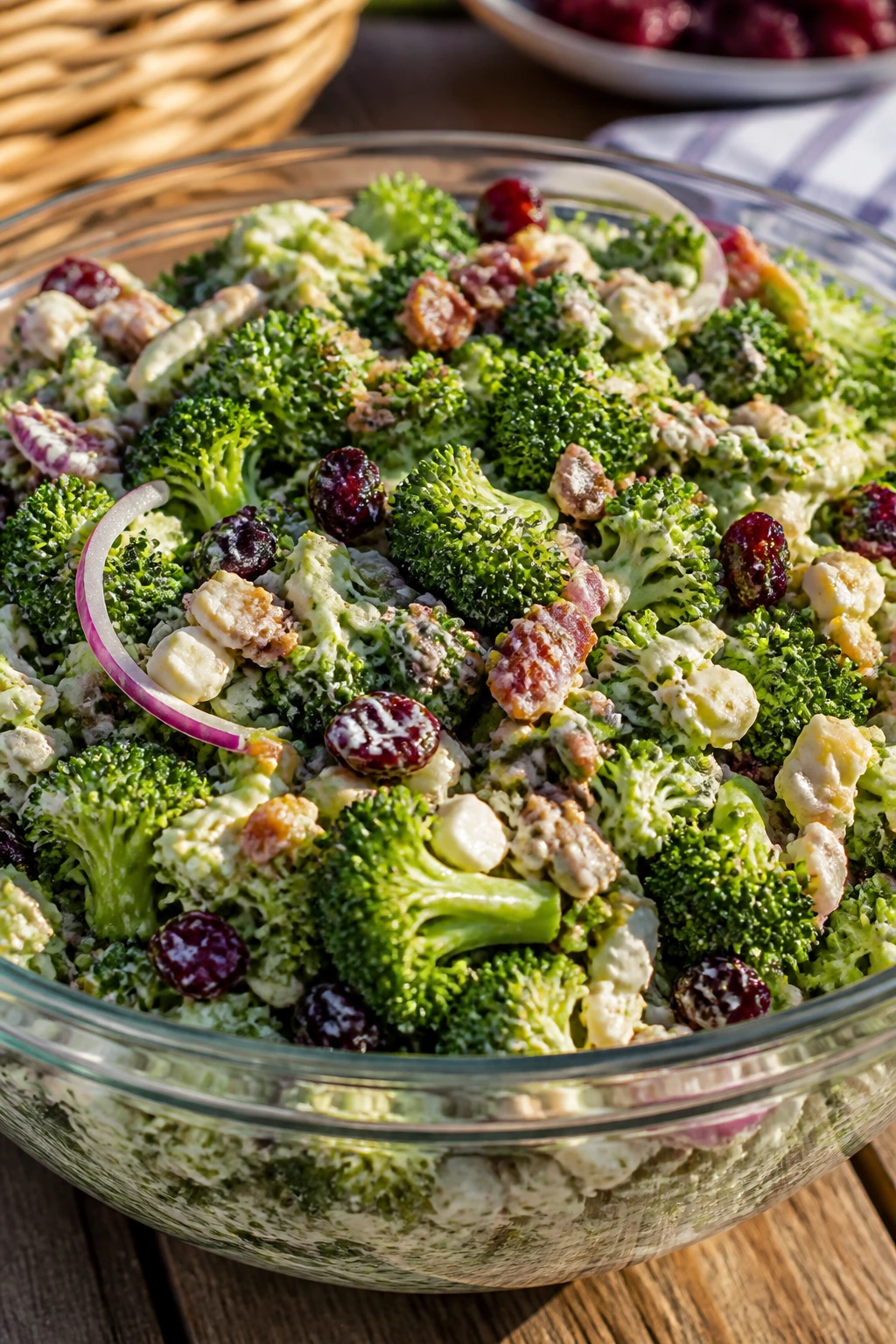 Close-up of broccoli crunch salad with cranberries and sunflower seeds in a bowl outdoors