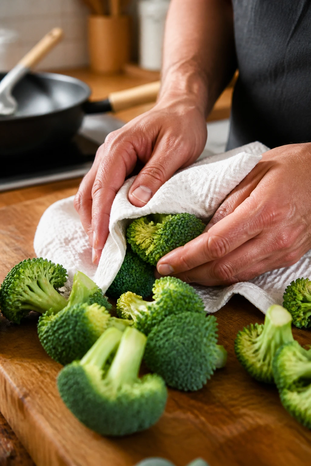 Hands patting broccoli dry in a kitchen