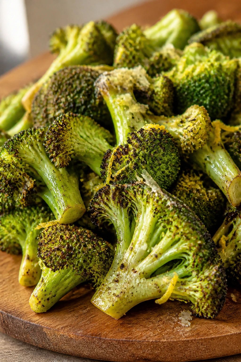 Close-up of lemon-pepper broccoli florets on a cutting board, crisp edges and bright color