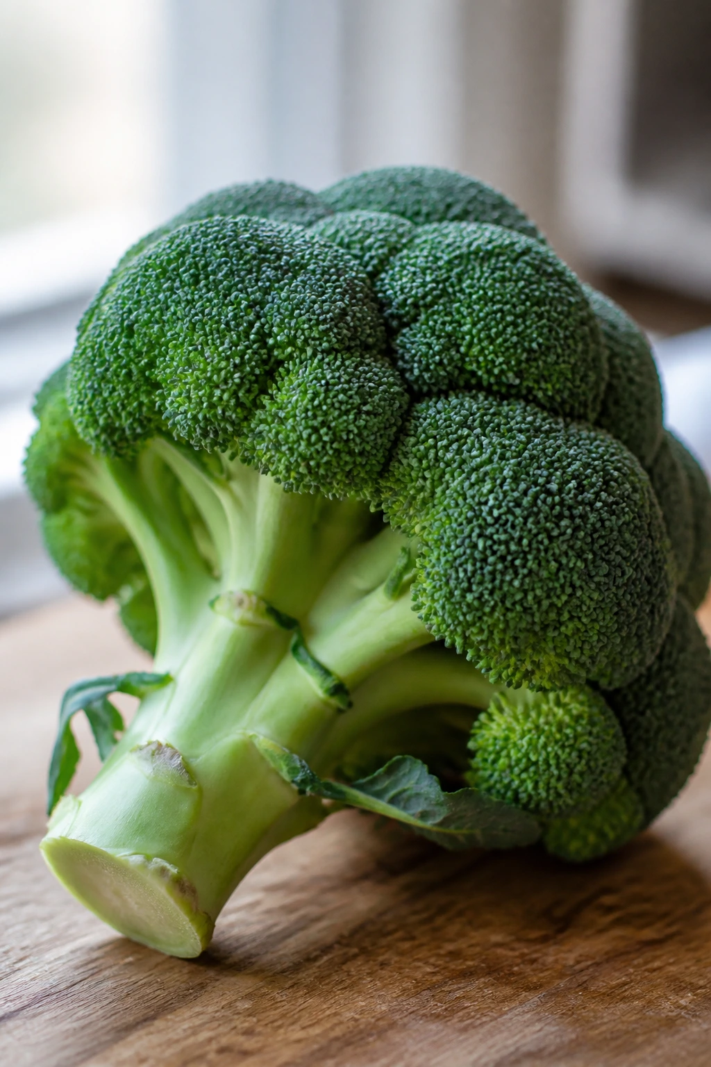 Fresh broccoli head with tight florets on a wooden surface