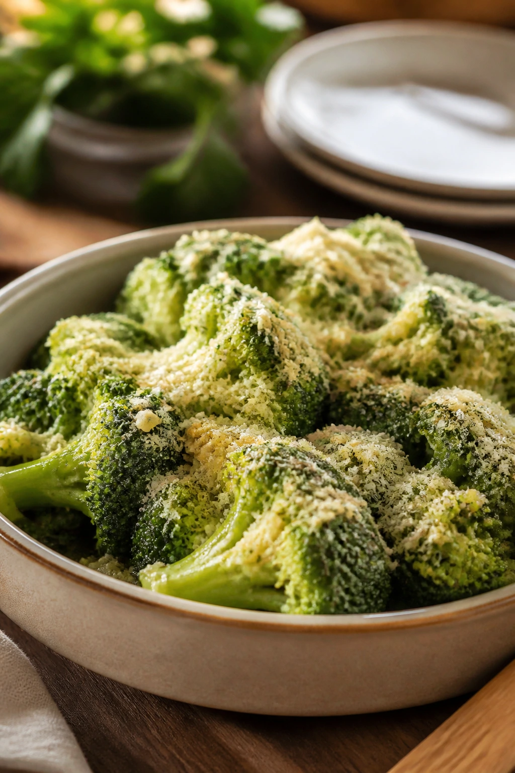 Broccoli with garlic-Parmesan topping in a serving dish
