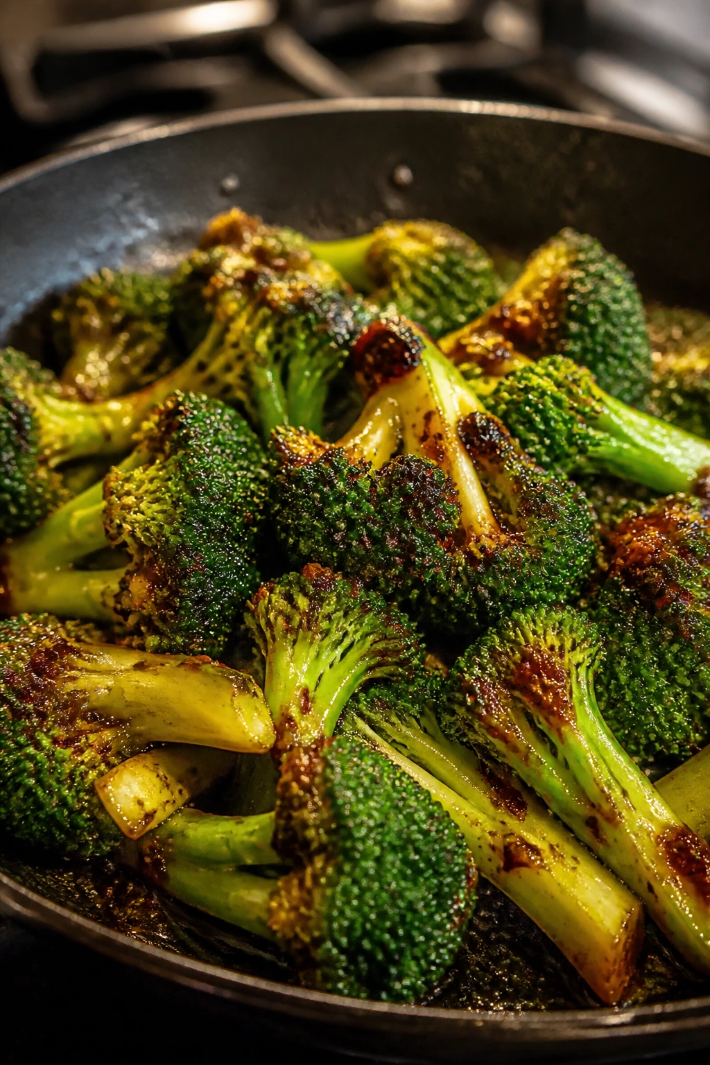Broccoli florets with glossy glaze and chili crisp in skillet.