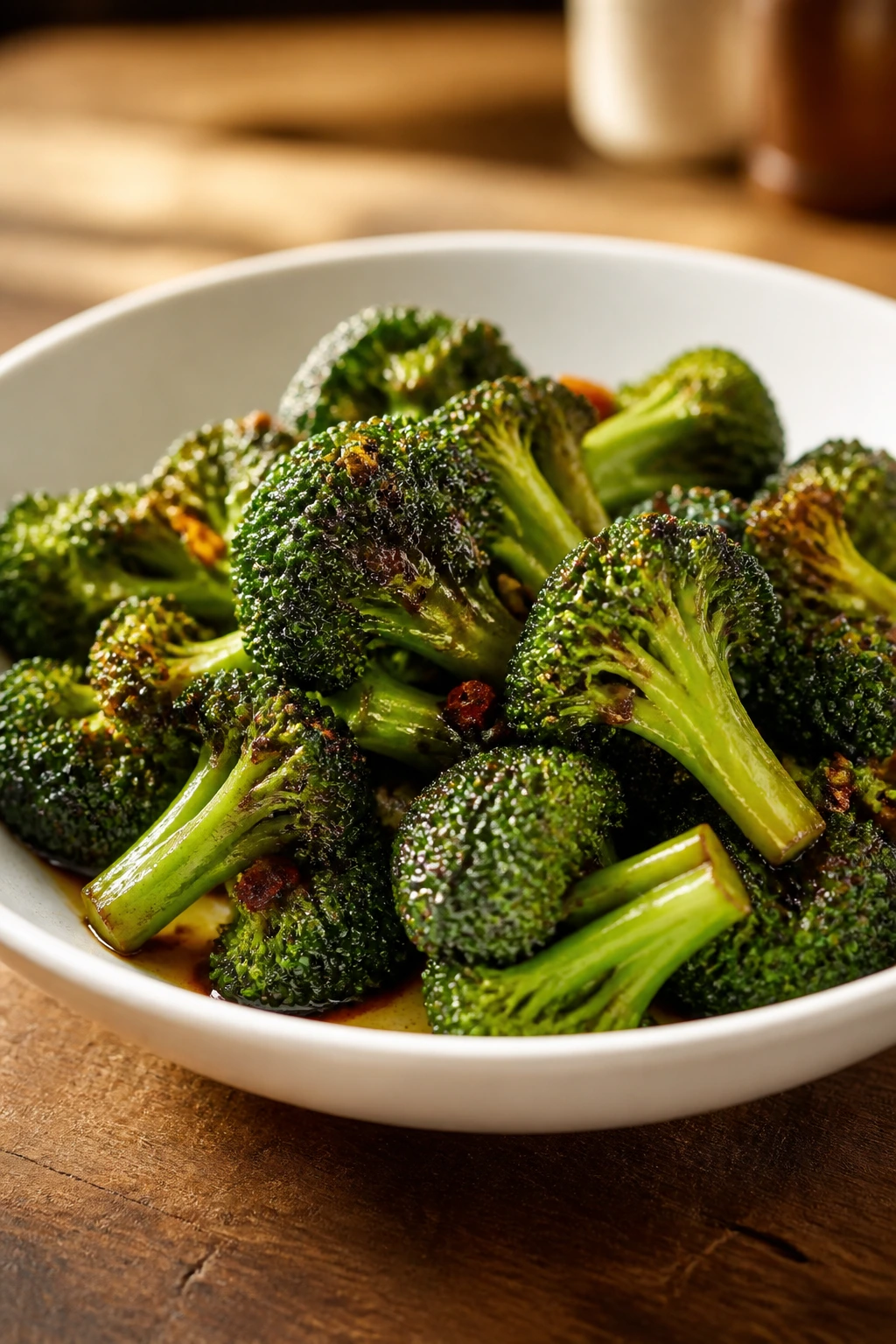 Glossy broccoli florets in a shallow bowl with sauce ready to serve.