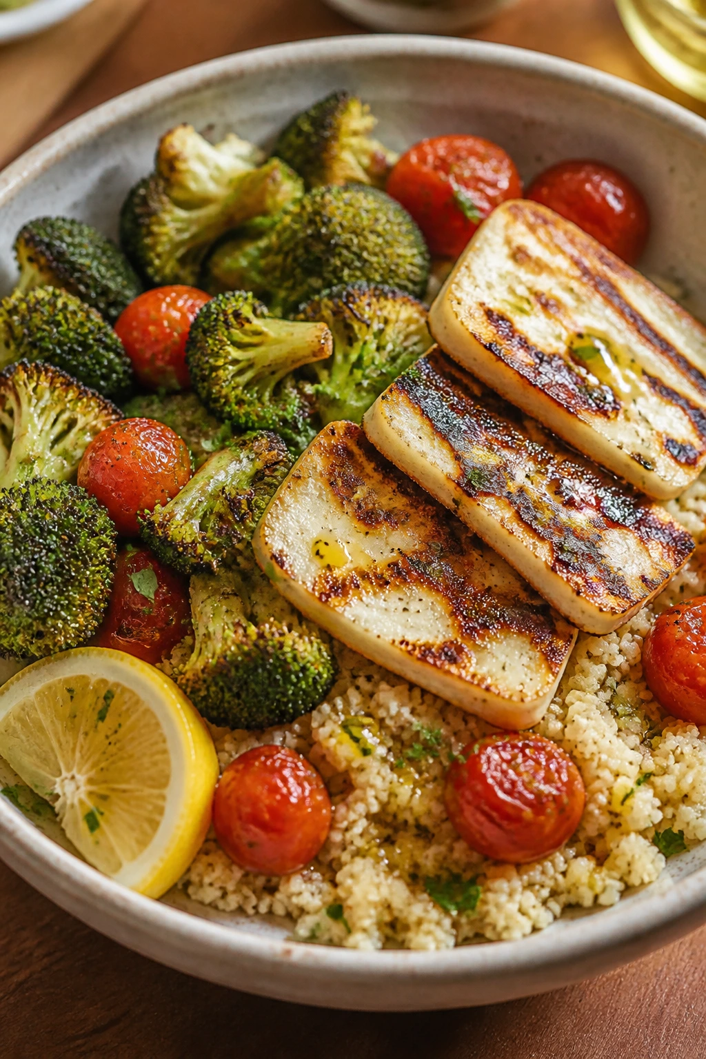 Broccoli and halloumi bowl with couscous and tomatoes