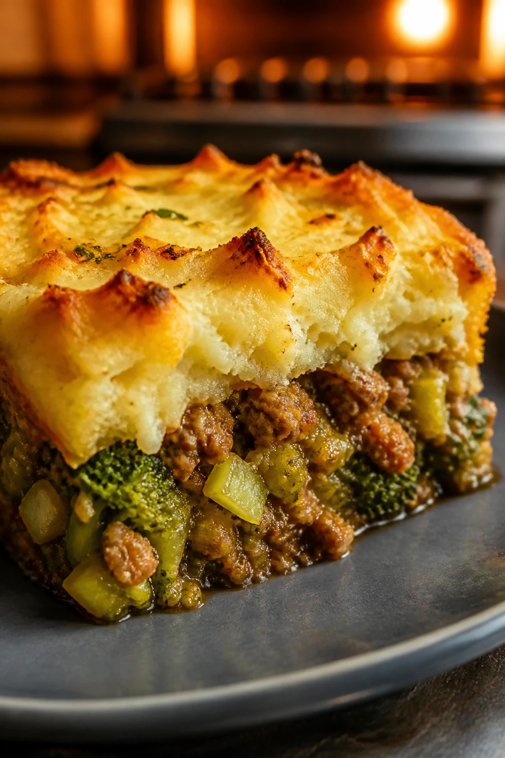 Slice of shepherd's pie with broccoli and beef filling under a mashed potato crust