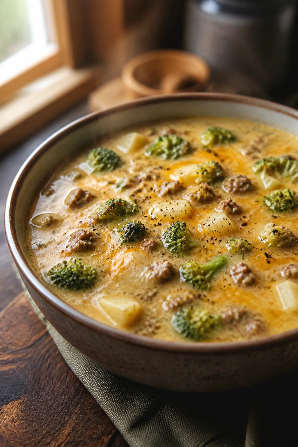 Close-up of broccoli cheddar hamburger soup in a creamy bowl with beef and broccoli