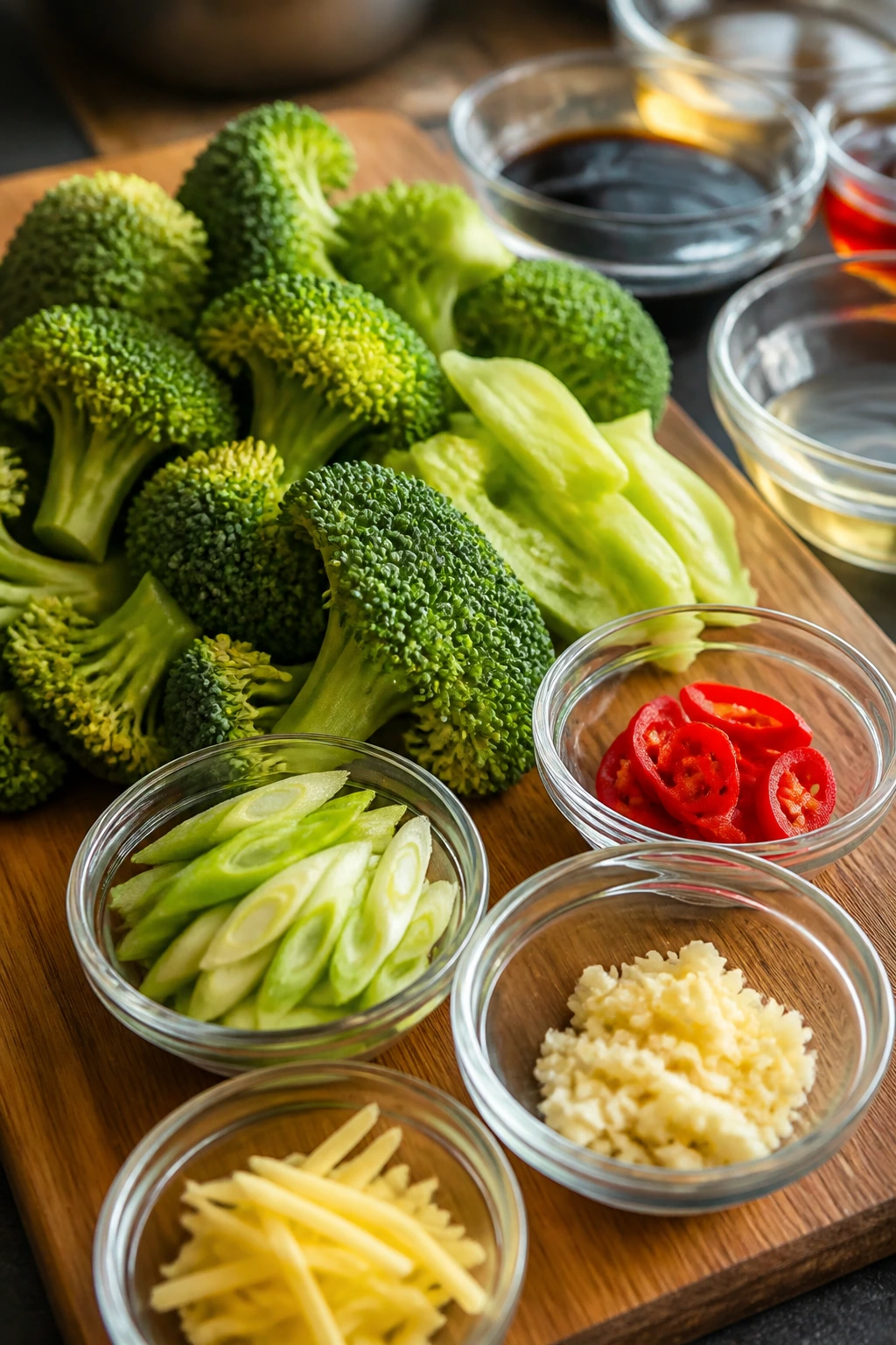 Measuring and arrangement of broccoli florets with peeled stems and aromatics on a cutting board
