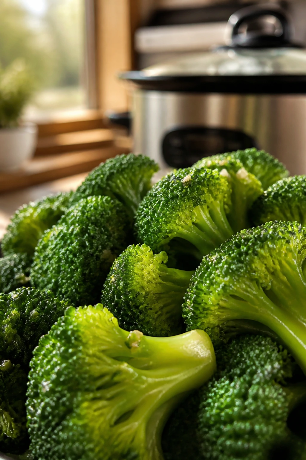 Close-up of broccoli crown in a warm kitchen with a slow cooker blurred in the background