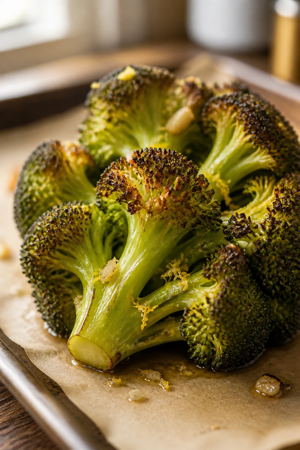 Close-up of broccoli with lemon-garlic roasted finish