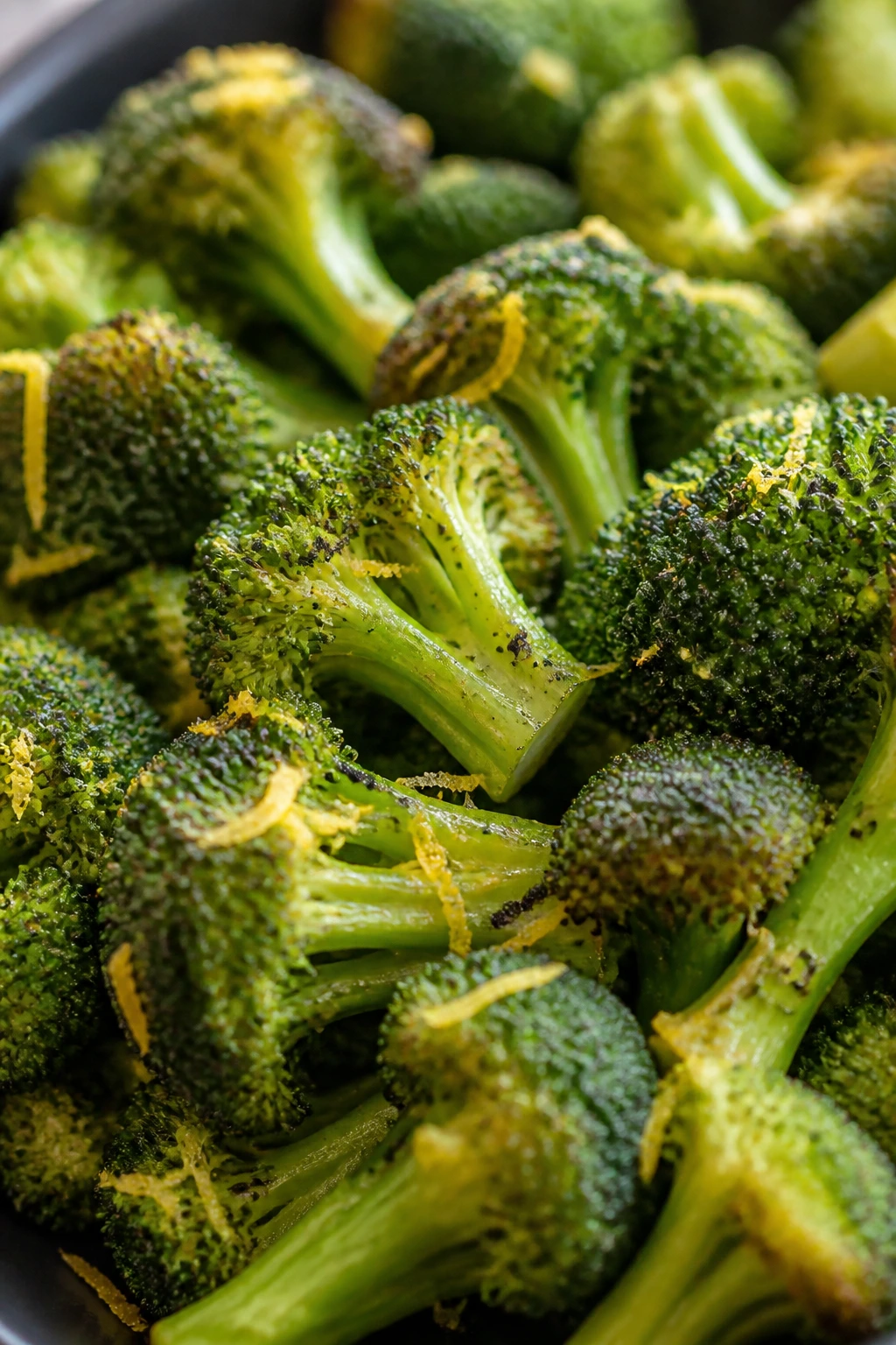 Close-up of lemon zest on broccoli florets with pepper