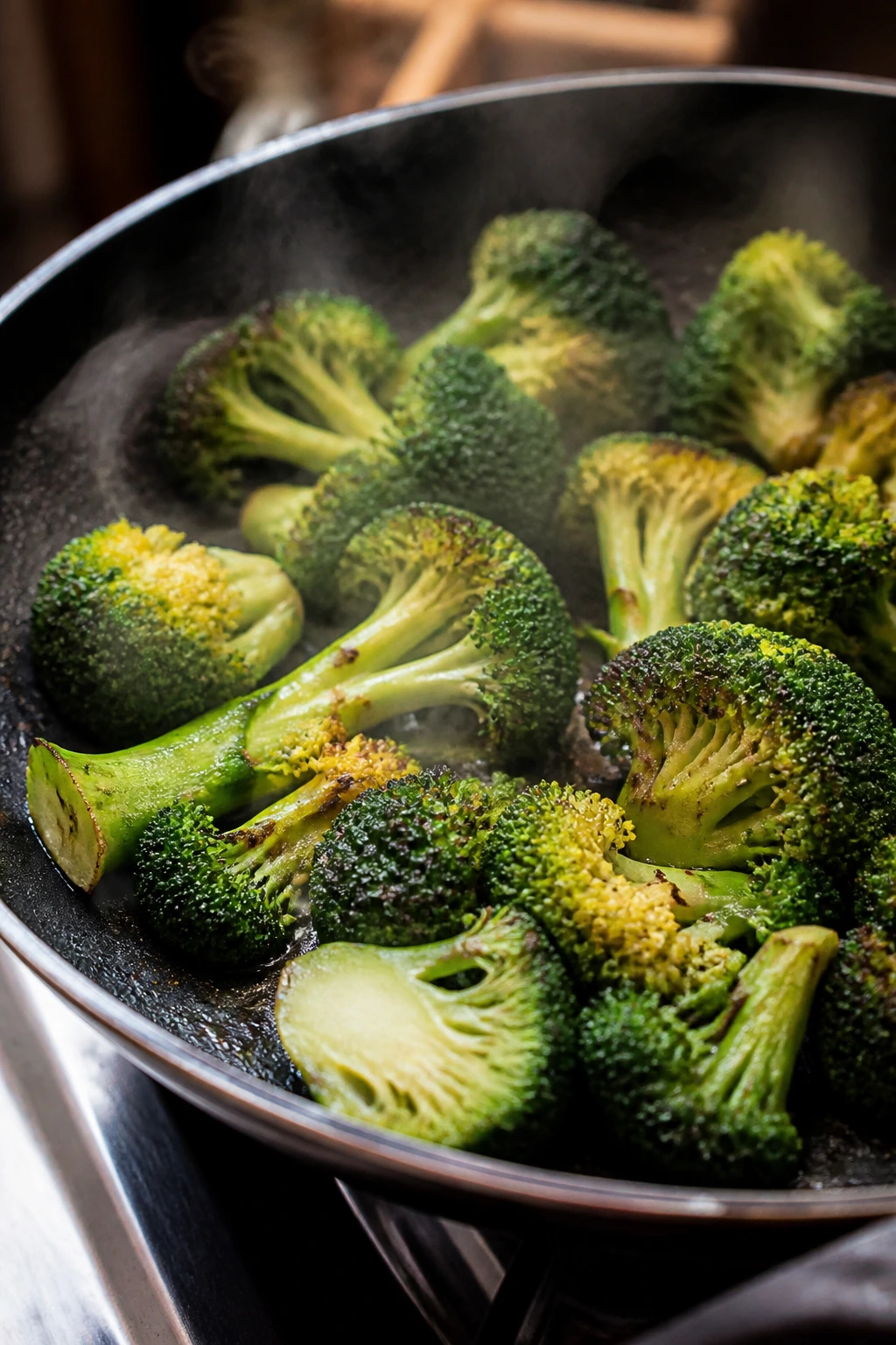 Broccoli florets showing limp texture from steam and poor browning.