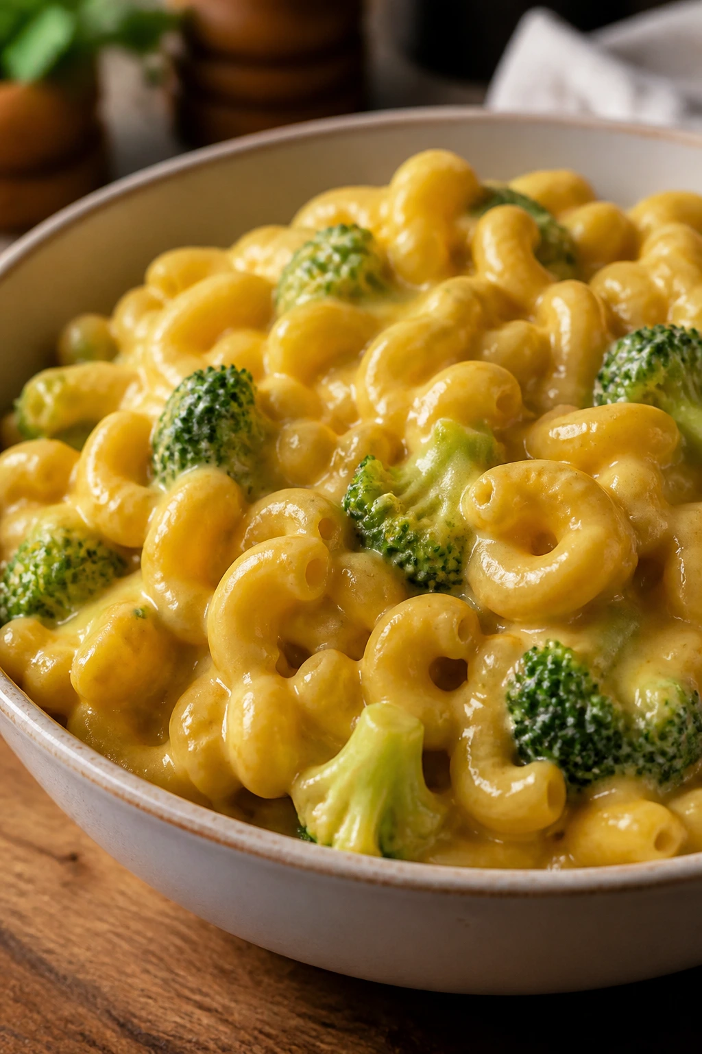 Creamy broccoli macaroni and cheese with broccoli pieces.