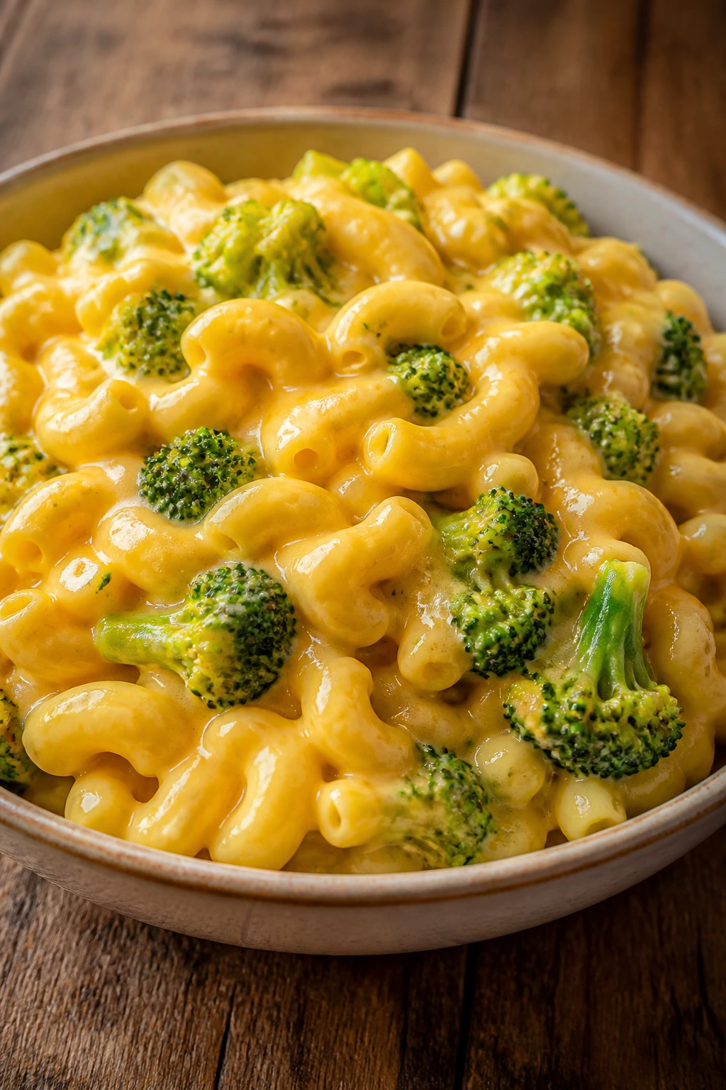Creamy broccoli macaroni and cheese in a bowl
