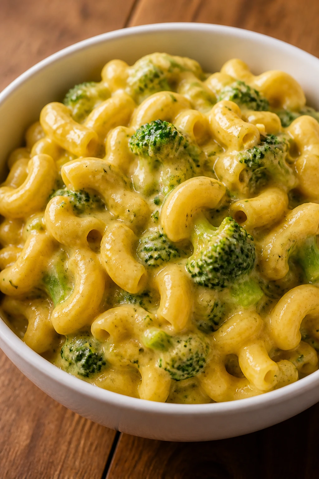 Creamy broccoli macaroni and cheese in a bowl