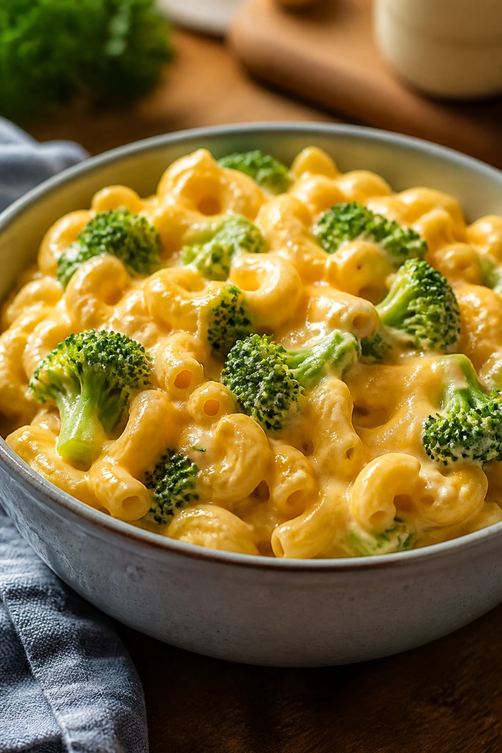 Close-up of creamy broccoli mac and cheese in a bowl on a wooden kitchen counter