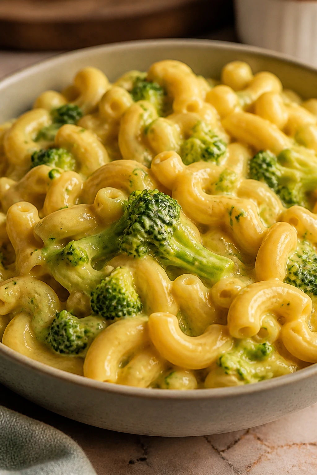 Creamy broccoli macaroni and cheese with broccoli pieces