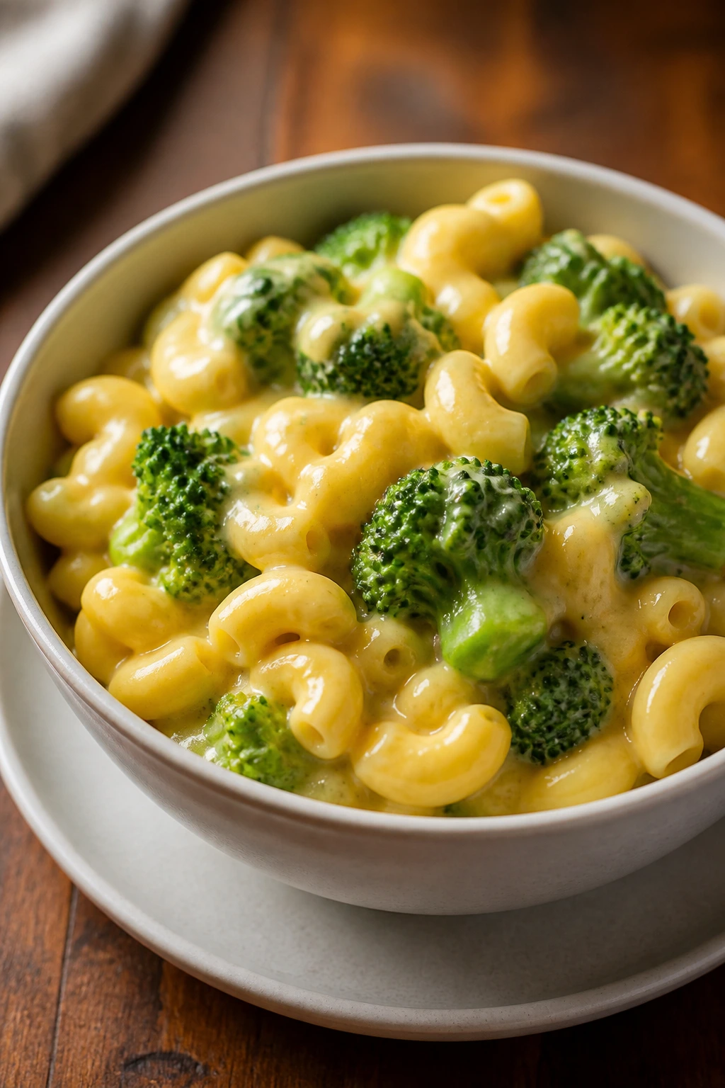 Creamy broccoli macaroni and cheese in a bowl