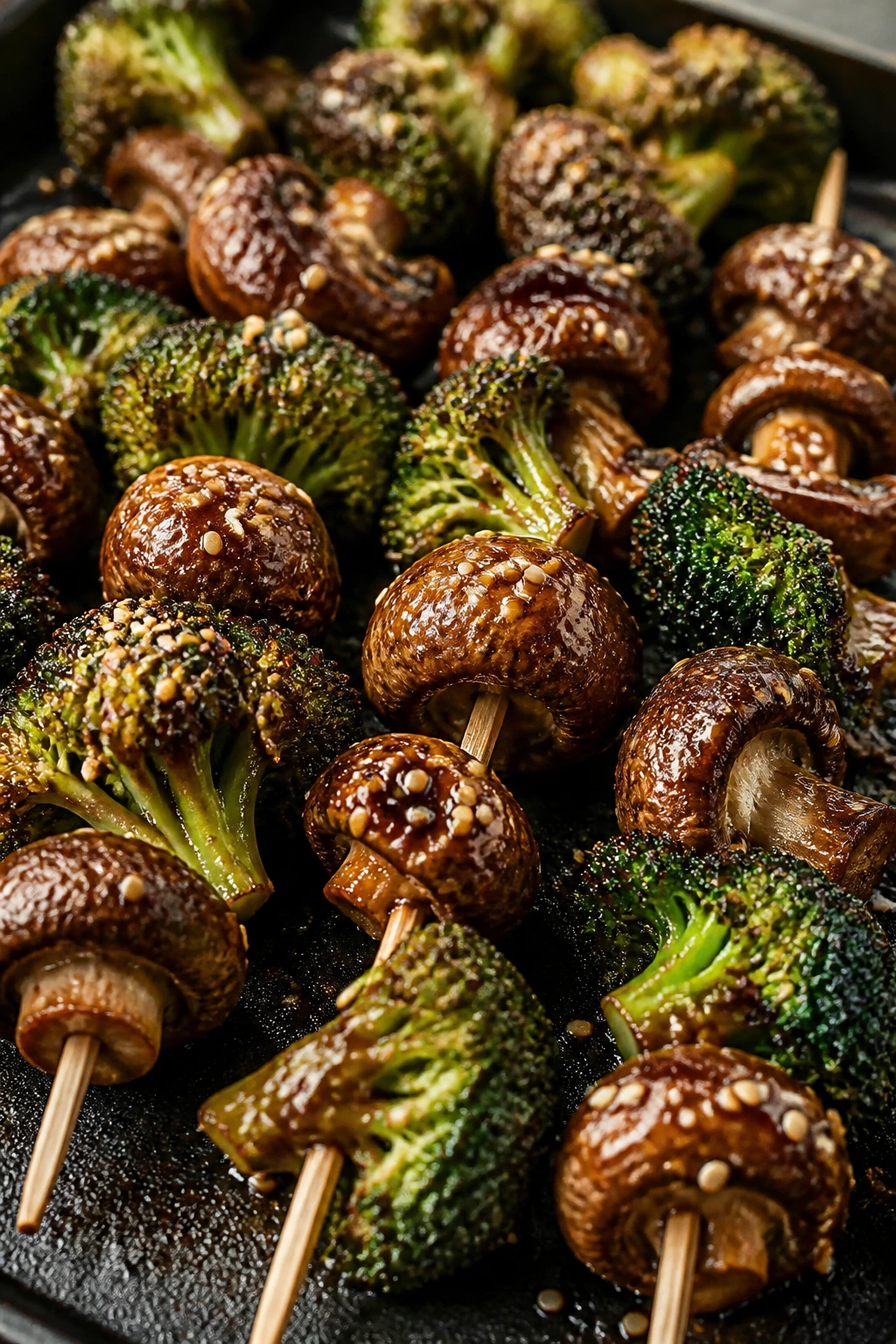 Close-up of sesame broccoli and mushroom skewers with glaze