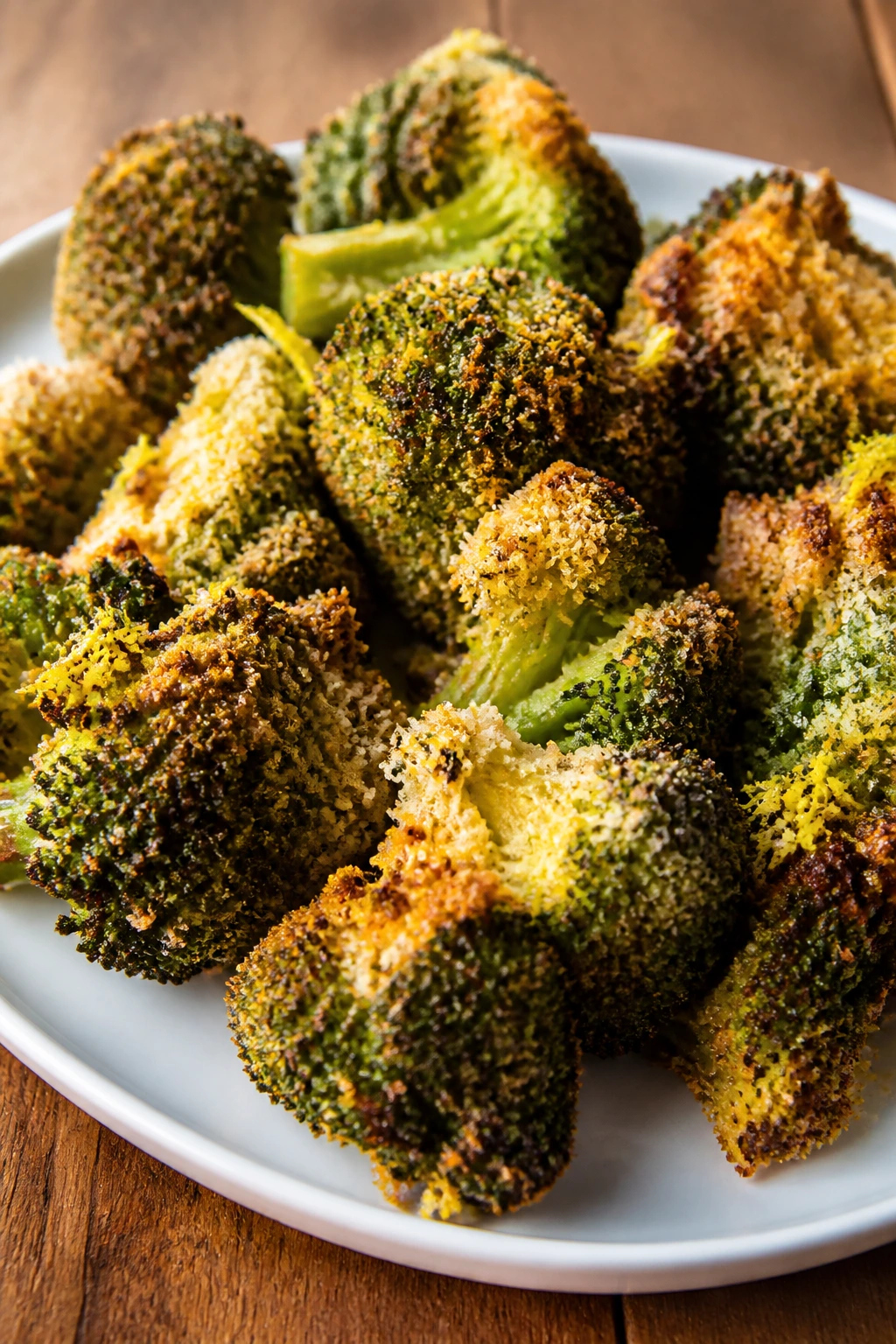 Close-up of crispy Parmesan broccoli florets with bronzy edges and Parmesan crust.