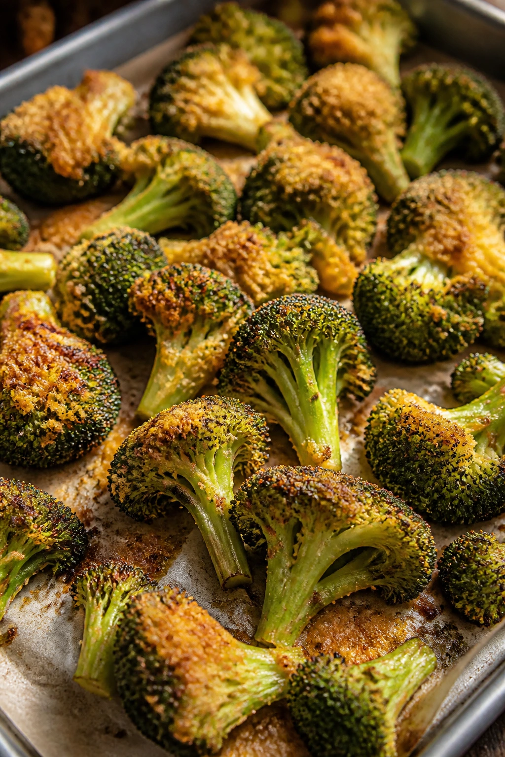 Close-up of crispy parmesan roasted broccoli on a sheet pan