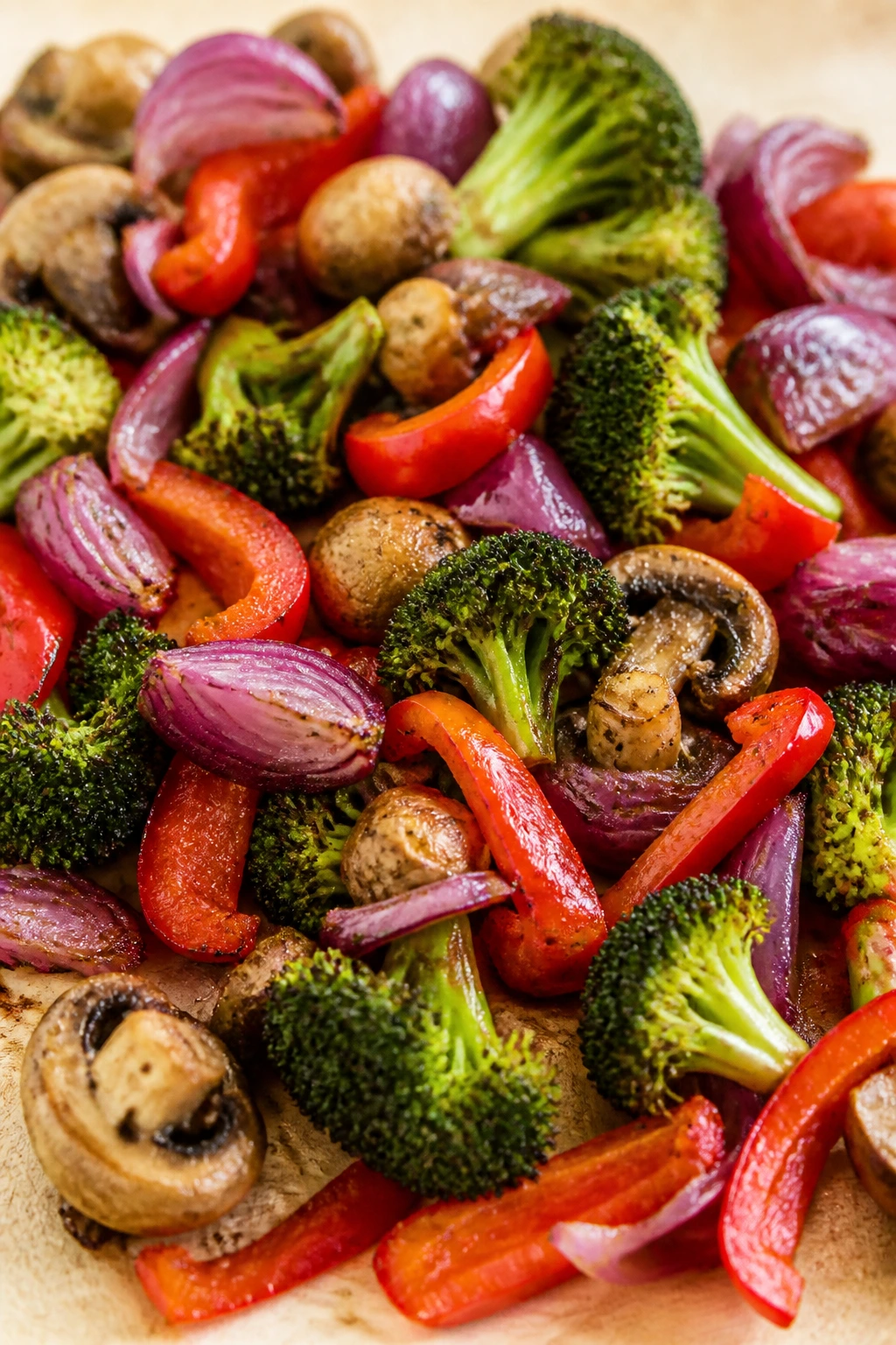 Close-up of colorful rainbow veggie medley in a kitchen setting