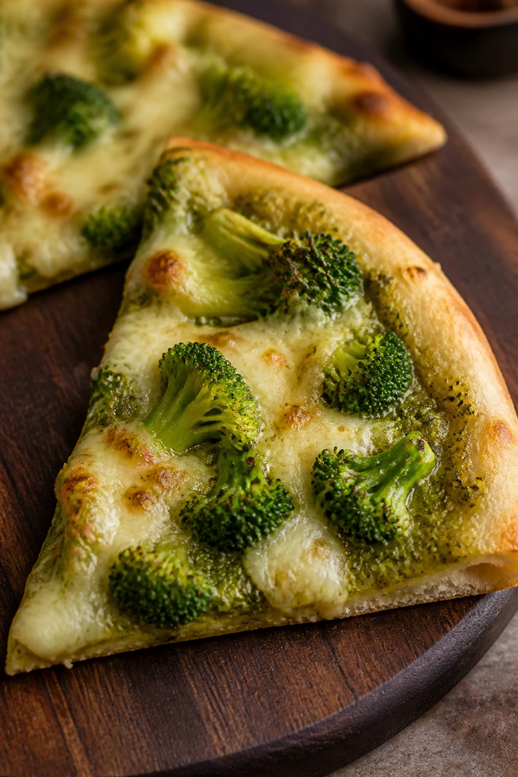 Pizza slice with broccoli and pesto on a wooden board