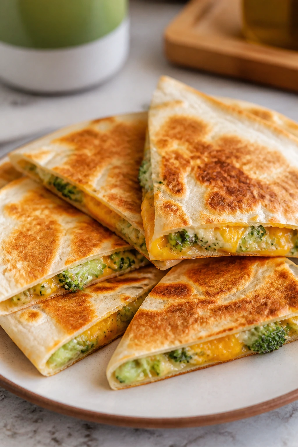 Broccoli cheddar quesadillas cut into wedges on a plate