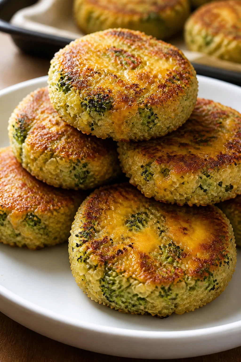 Close-up of broccoli cheddar quinoa cakes on a plate