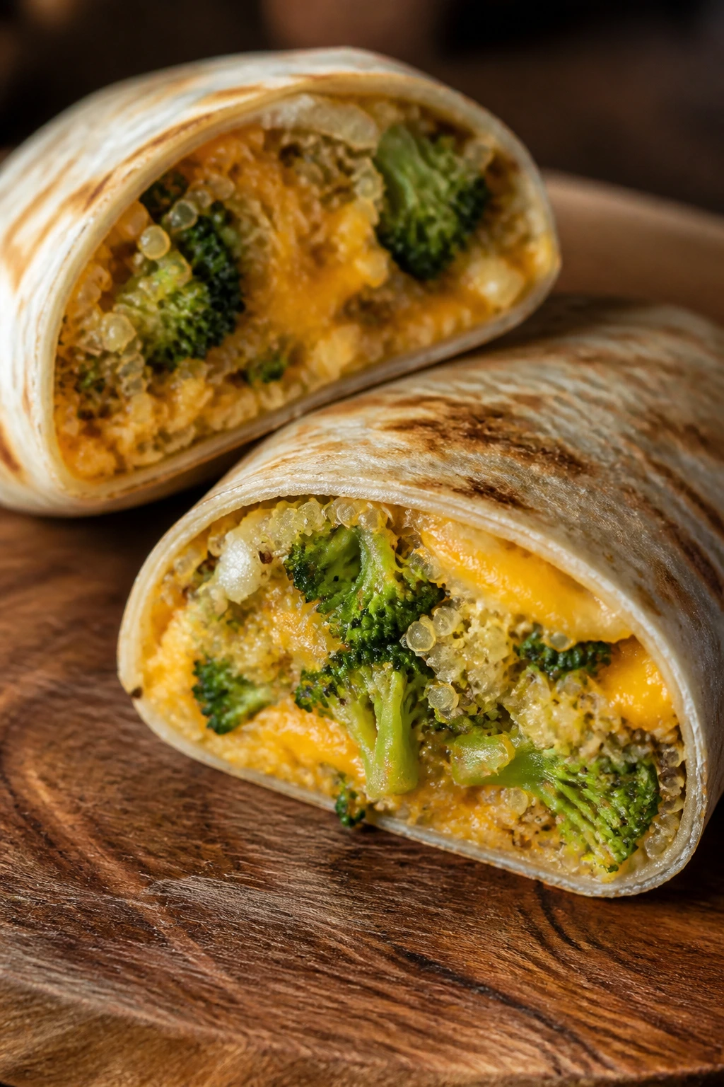 Close-up of broccoli cheddar quinoa wrap half on wooden board
