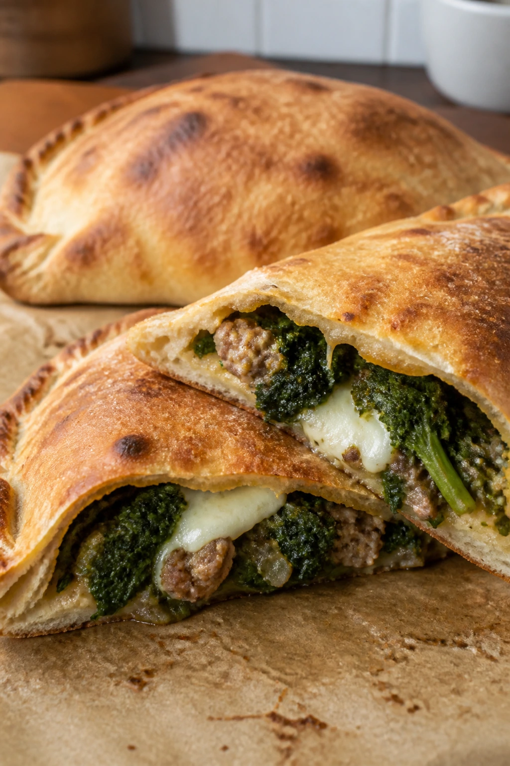 Calzone cut open showing broccoli rabe and sausage inside