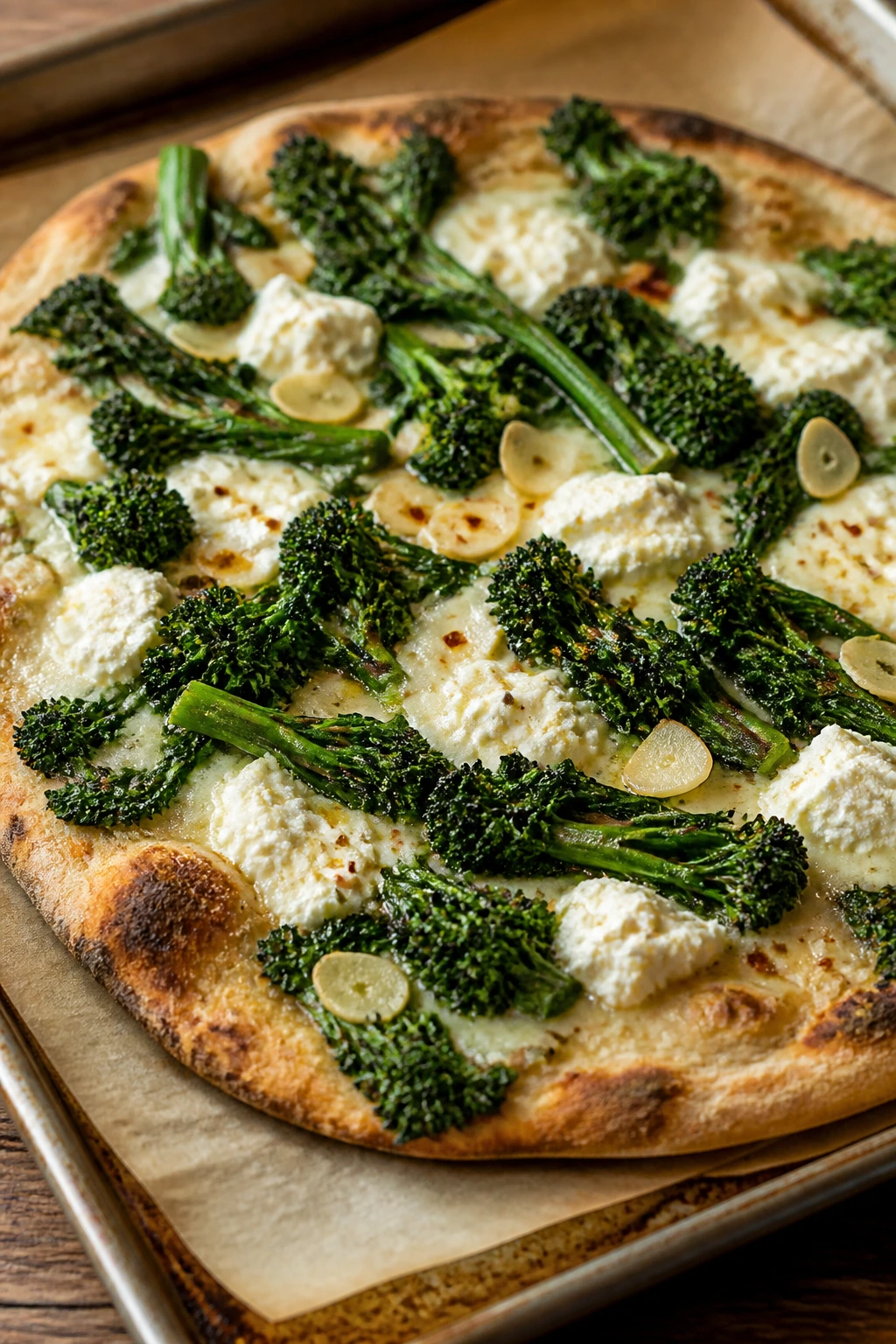 Broccoli rabe garlic pizza with ricotta and mozzarella
