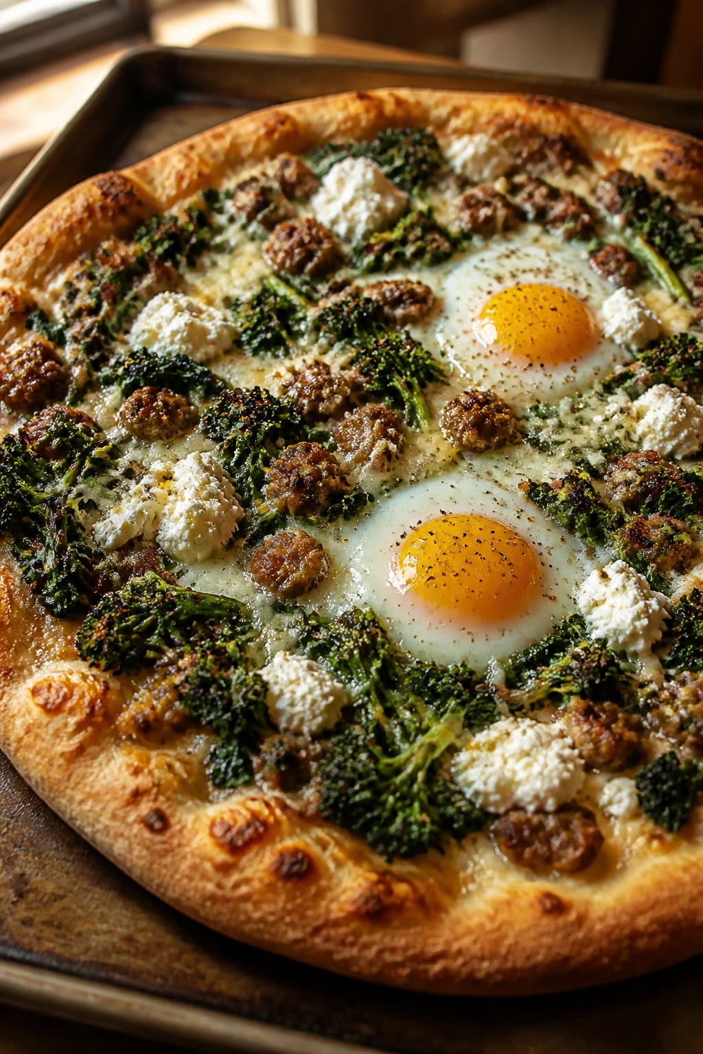 Close-up of Broccoli Rabe and Sausage Breakfast Pizza with greens and sausage