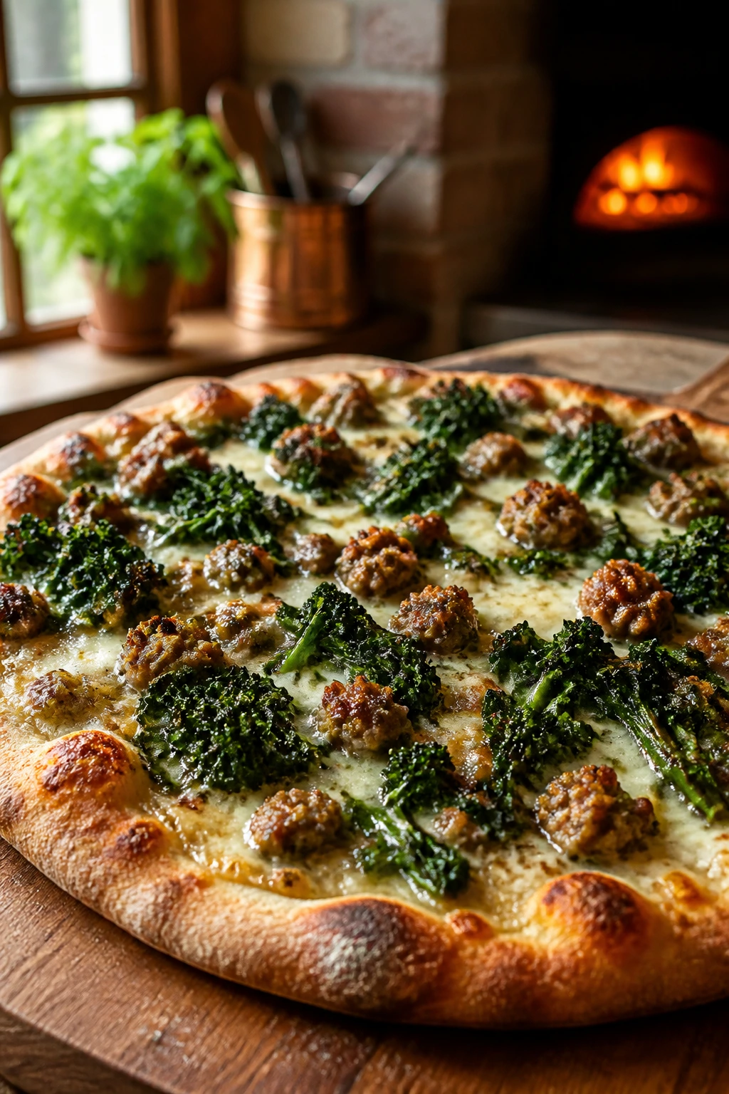 Close-up of broccoli rabe and sausage pizza on rustic wooden board in warm kitchen