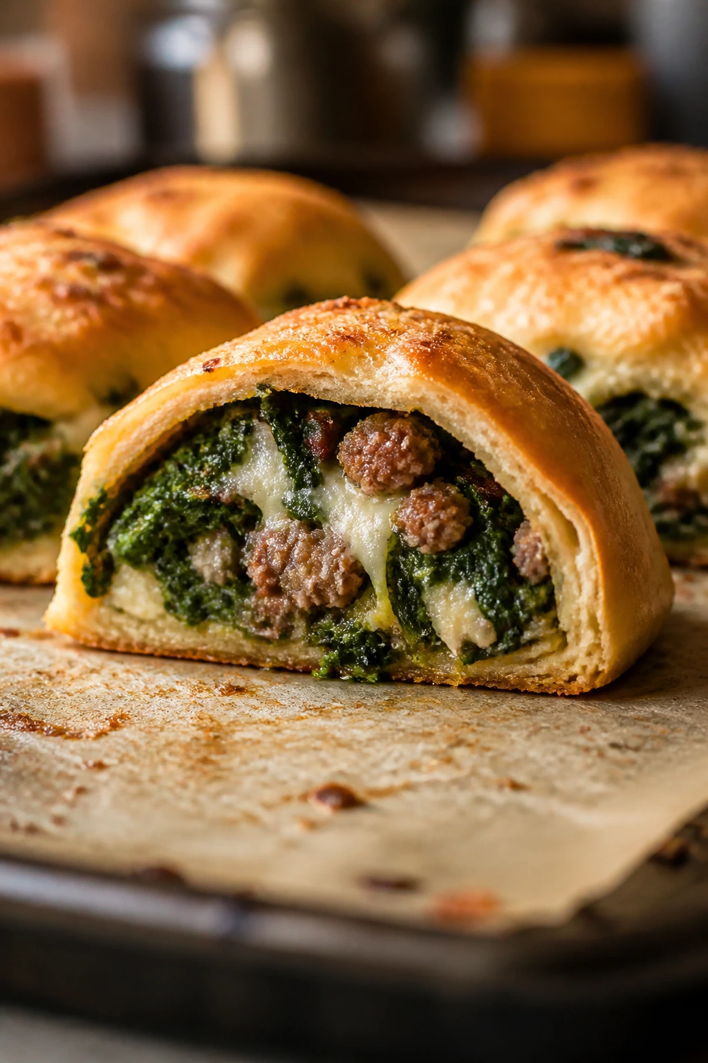 Close-up of broccoli rabe and sausage rolls cross-section