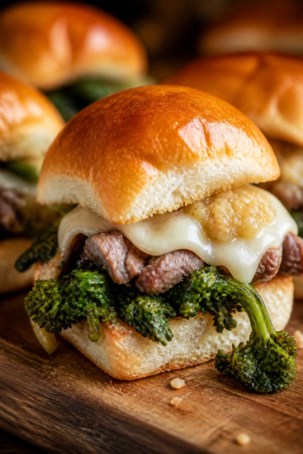 Close-up of Roasted Garlic Broccoli Rabe Sliders with broccoli rabe and provolone