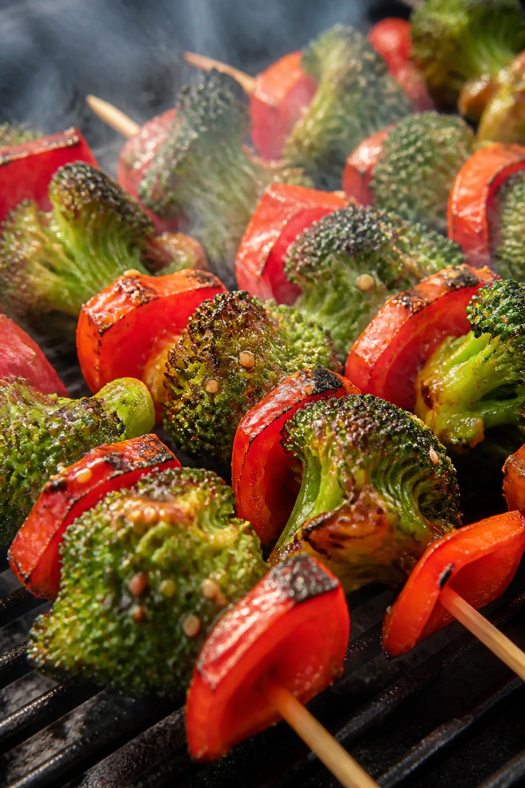 Close-up broccoli and red pepper skewers with sesame-ginger glaze on a grill