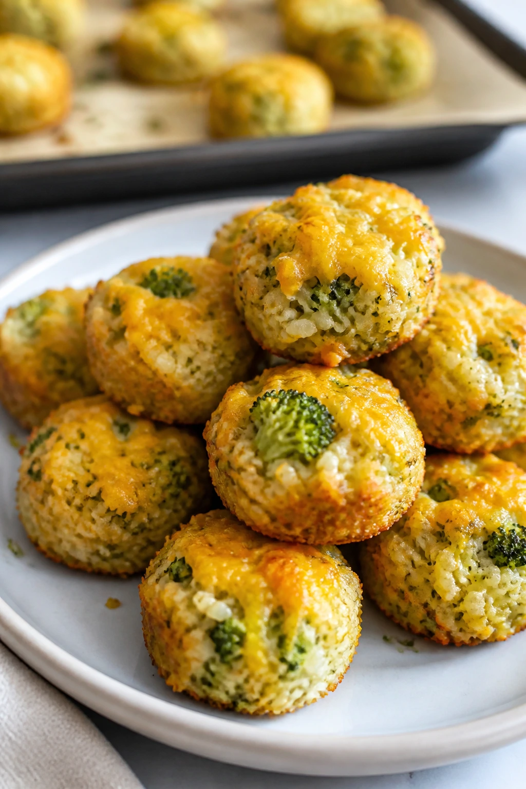 Close-up of Cheesy Broccoli Rice Bites on a plate