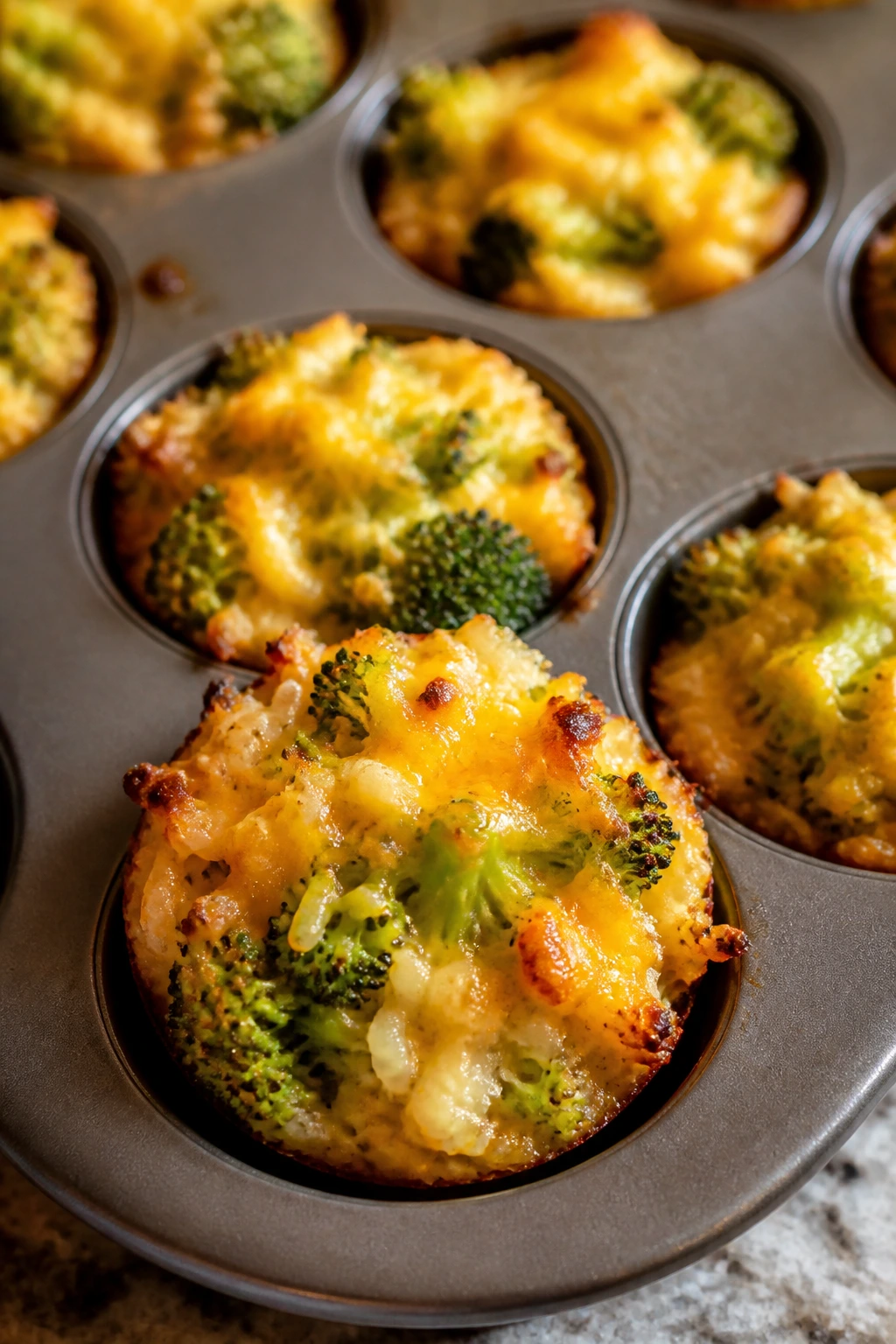 Close-up of broccoli rice bites in muffin tin