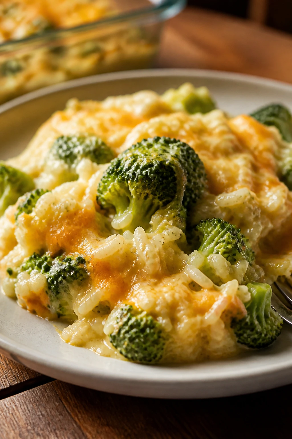 Creamy broccoli rice casserole scoop on plate with broccoli and rice visible