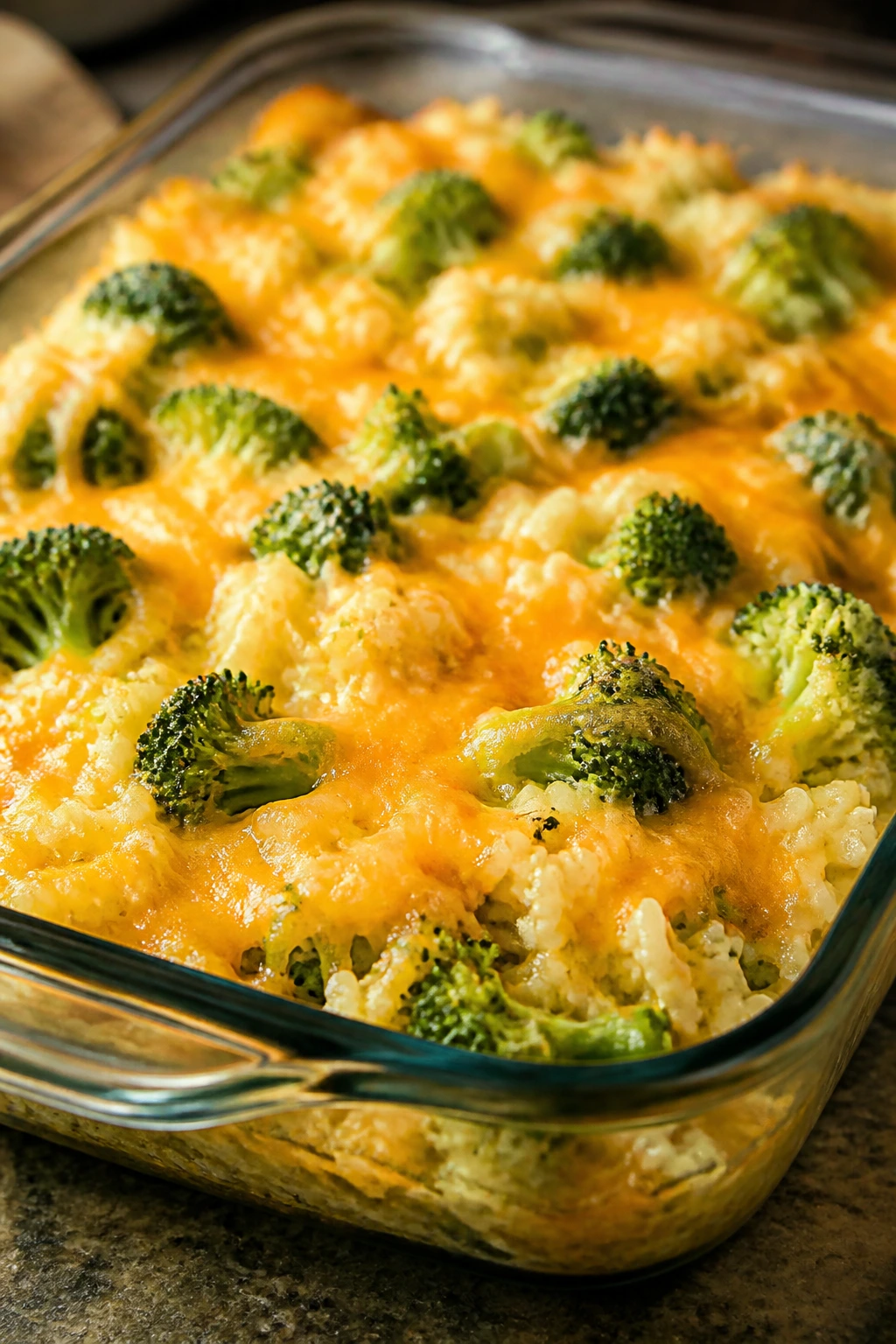 Creamy broccoli rice casserole in a baking dish