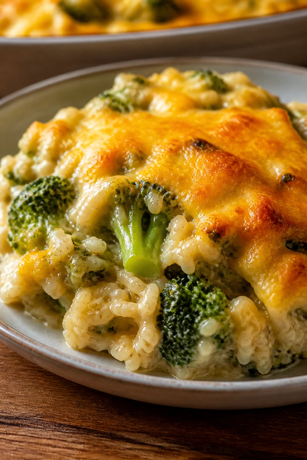 Creamy broccoli rice casserole scooped on plate